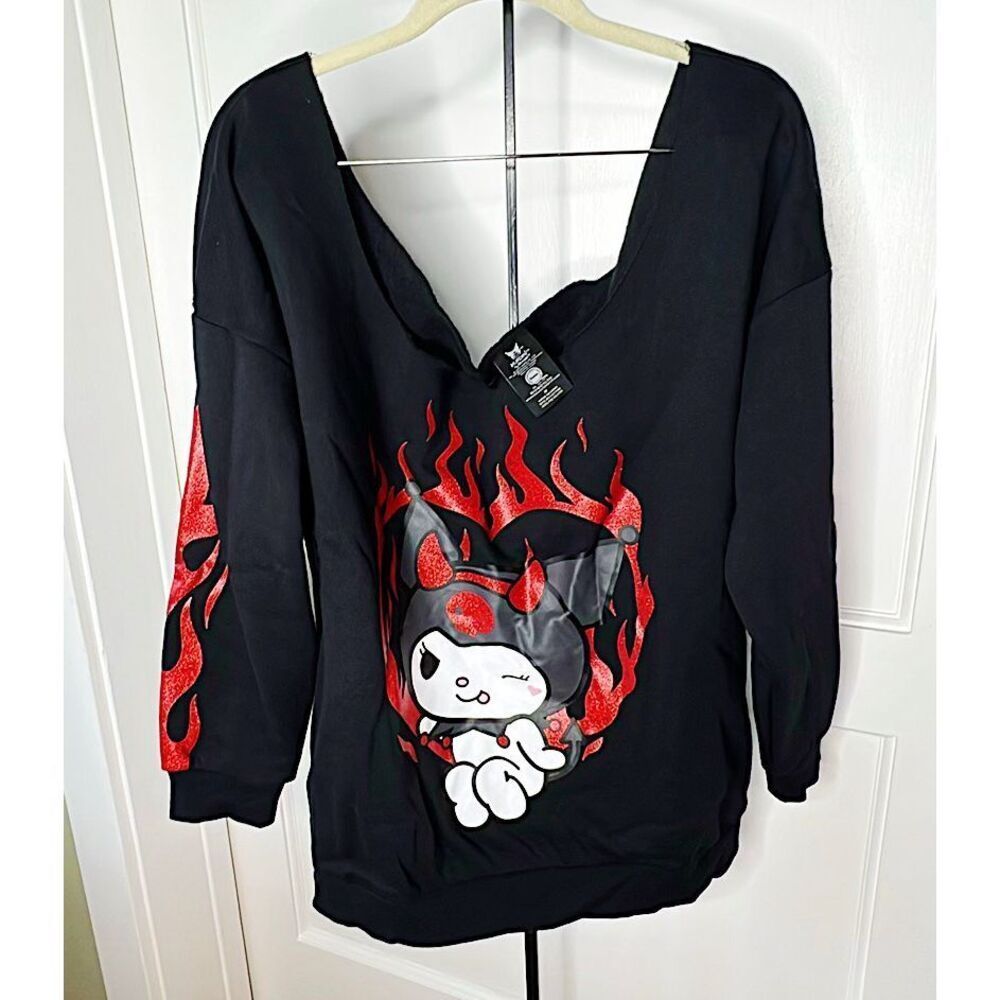 Sanrio Kuromi Heart Glitter Flame Off-Shoulder Sweatshirt Size Medium Nwot - Picture 2 of 7